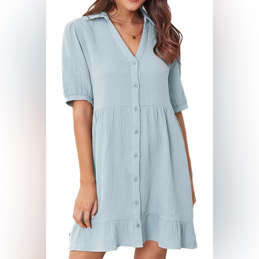 Pastel Blue Button Up Dress with Ruffle Hem
